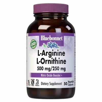 Bluebonnet L-Arginina L-Ornitina 500 mg 250 mg 50 Cápsulas Vegetales Foto 1 de 3