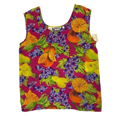 Blusa sin mangas grande vintage años 80 Indygo by Kenar seda patrón fruta para mujer Foto 1 de 4