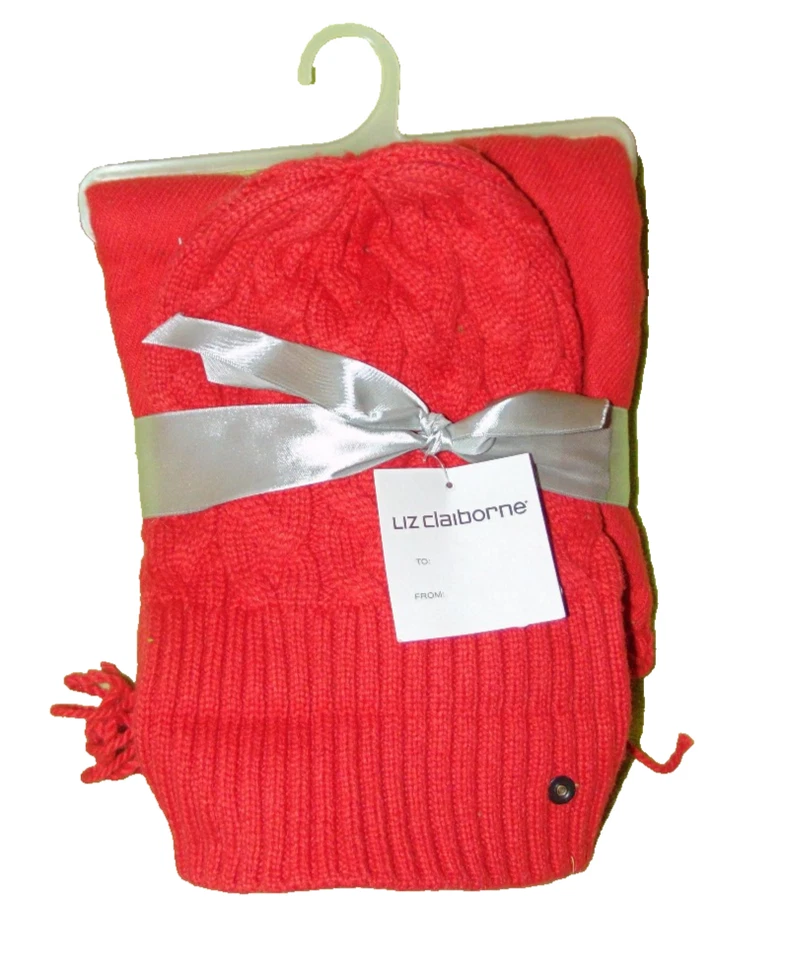 NUEVOS ETIQUETAS Liz Claiborne Conjunto de Sombrero y Bufanda Rojo Tejido Accesorios de Invierno Talla Única Foto 1 de 2