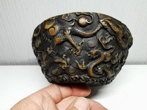 Vintage Asian Hand Carved Resin Bowl with Chinese 5 Toe Dragon Bat Decoration - Picture 1 of 14