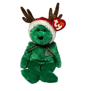 TY Beanie Babys 2002 Urlaub Teddy grün Rentier Geweih Santa Happy Bear Neu mit Etikett - Bild 1 von 10