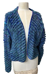 FIBER ARTIST OS XS S M L HANDMADE Chenille BLUE Textile Art Jacket Coat Blazer - Picture 1 of 10