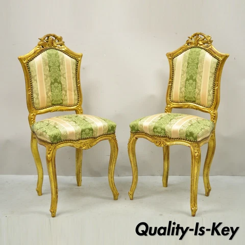 Vintage French Louis XV Style Gold Giltwood Carved Boudoir Side Chairs - a Pair Cover