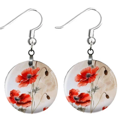 Delicados Pendientes Amapolas Rojas SIN DESLUSTRAR Madera Amapola Veterano Flor Conmemorativa Foto 1 de 4