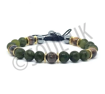Olive Green Jade & Tigers Eye Beaded Gemstone Abundance Energy Healing Bracelet  - Image 1 of 4