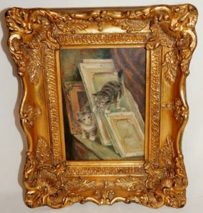 19. ANTIK VINTAGE HERVORRAGEND SCHÖNES FRANZÖSISCH SIGNIERTES GEMÄLDE PORTRÄT VON KATZEN - Bild 1 von 5