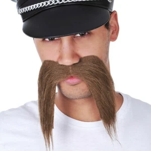 Long Brown Moustache Mens Mexican Handlebar Facial Hair Costume Biker Cowboy - Picture 1 of 1