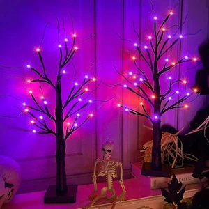 2 Pack 24 Inch Orange & Purple Lighted Halloween Birches Tree Decor with Timer T - Picture 1 of 6