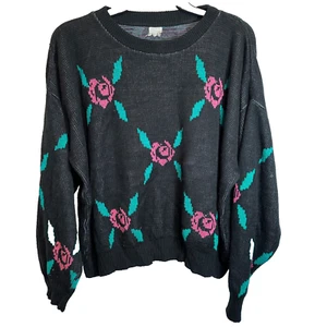 Maglione pullover vintage taglia XL nero rosa rose anni 80 nonna nonna floreale - Foto 1 di 6