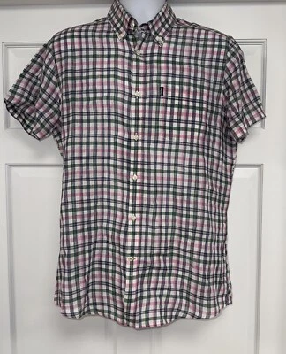 Barbour Linen Leon S/S Shirt Men’s Small Tailored Fit Pink Green Plaid Button - Image 1 of 4