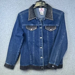 Quacker Factory Jacket Women's Small Blue Long Sleeve Front Button Collared Glam - Picture 1 of 8