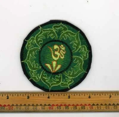 Embroidered Yellow Om Fancy Green Lotus Patch Fair Trade Nepal 3" Round - Image 1 of 4