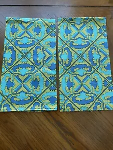 Vintage Leinen Geschirrtücher Gold Blau Abstraktes Design 29x16 2er Set - Bild 1 von 3