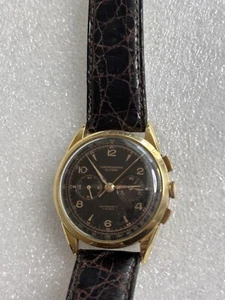 Vintage Chronographe Suisse 18K Gold Watch Brown Leather Band 17J Black Dial 37m - Picture 1 of 9