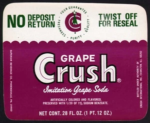 Vintage soda pop bottle label CRUSH GRAPE 28oz NDNR Phoenixville PA n-mint+ - Picture 1 of 2