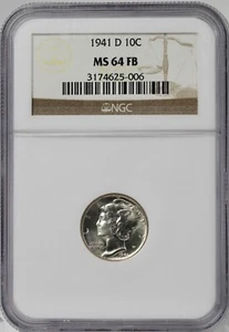 1941 D 10c Mercury Dime NGC MS64 FB - Picture 1 of 6