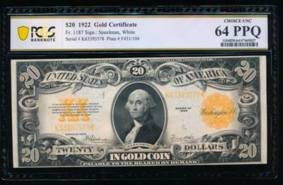 Certificado de oro AC Fr 1187 1922 $20 PCGS 64 PPQ Foto 1 de 2