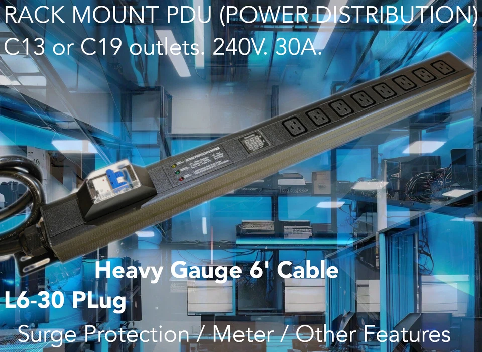 7200w 240V Rackmount Mining PDU Server Rack L6-30P 30A to 8x C13 C19 KASPA BTC - Image 1 of 1