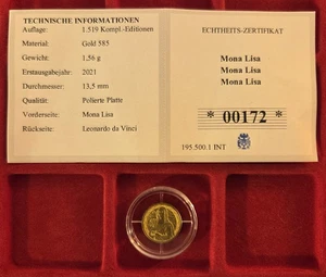 Goldprägung, 13,5 mm, 1,56g Gold 585, "Mona Lisa / Leonardo da Vinci" - Bild 1 von 3