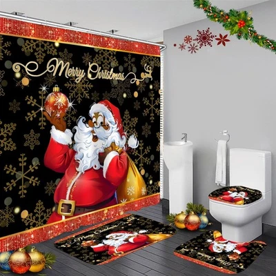 4 peças conjuntos de cortina de chuveiro Natal Papai Noel preto, conjunto de banheiro preto, para... - Imagem 1 de 4