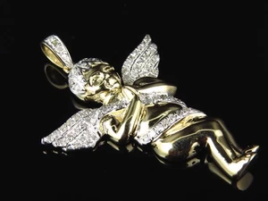 Real 10K Yellow Gold Genuine Diamond Premium Polish Angel Pendant Charm (0.65ct) - Picture 1 of 8
