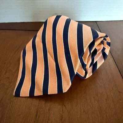 Gravata listrada 100% seda Daniel CREMIEUX azul laranja feita à mão - Imagem 1 de 4