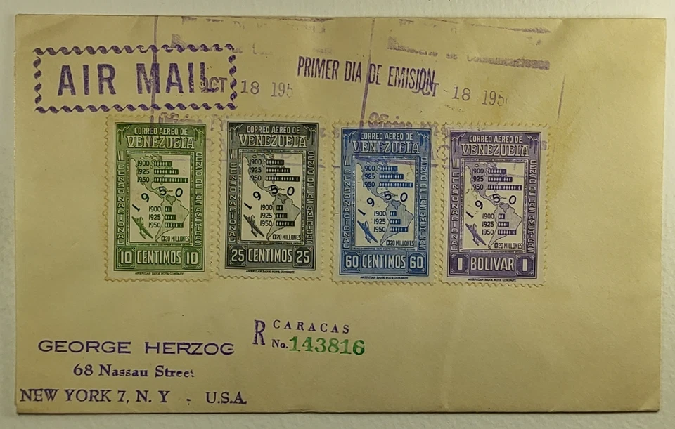 1950 Venezuela FDC Registered First Day Airmail Cover Caracas to NYC - Image 1 of 2