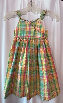 Vestido sin mangas Talbots Kids amarillo, verde y rosa a cuadros - correas con volantes - talla 4 Foto 1 de 4