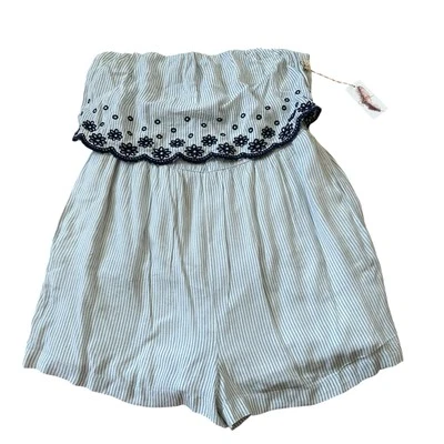 Mameluco Jessica Simpson Azul Blanco Rayas Floral Bordado Sin Tirantes Talla Lg Foto 1 de 4