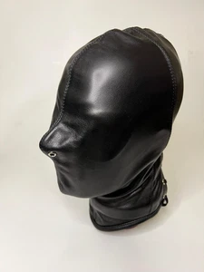 Full Enclosed Black Leather Hood Mask – Soft Faux Leather Grommet Design - Picture 1 of 8