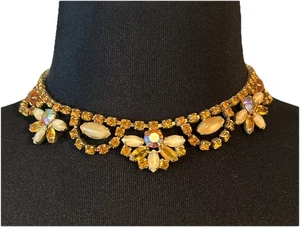 Vintage Weiss Signed Gold Tone Amber Rhinestone Choker Necklace 15.5" - Picture 1 of 5