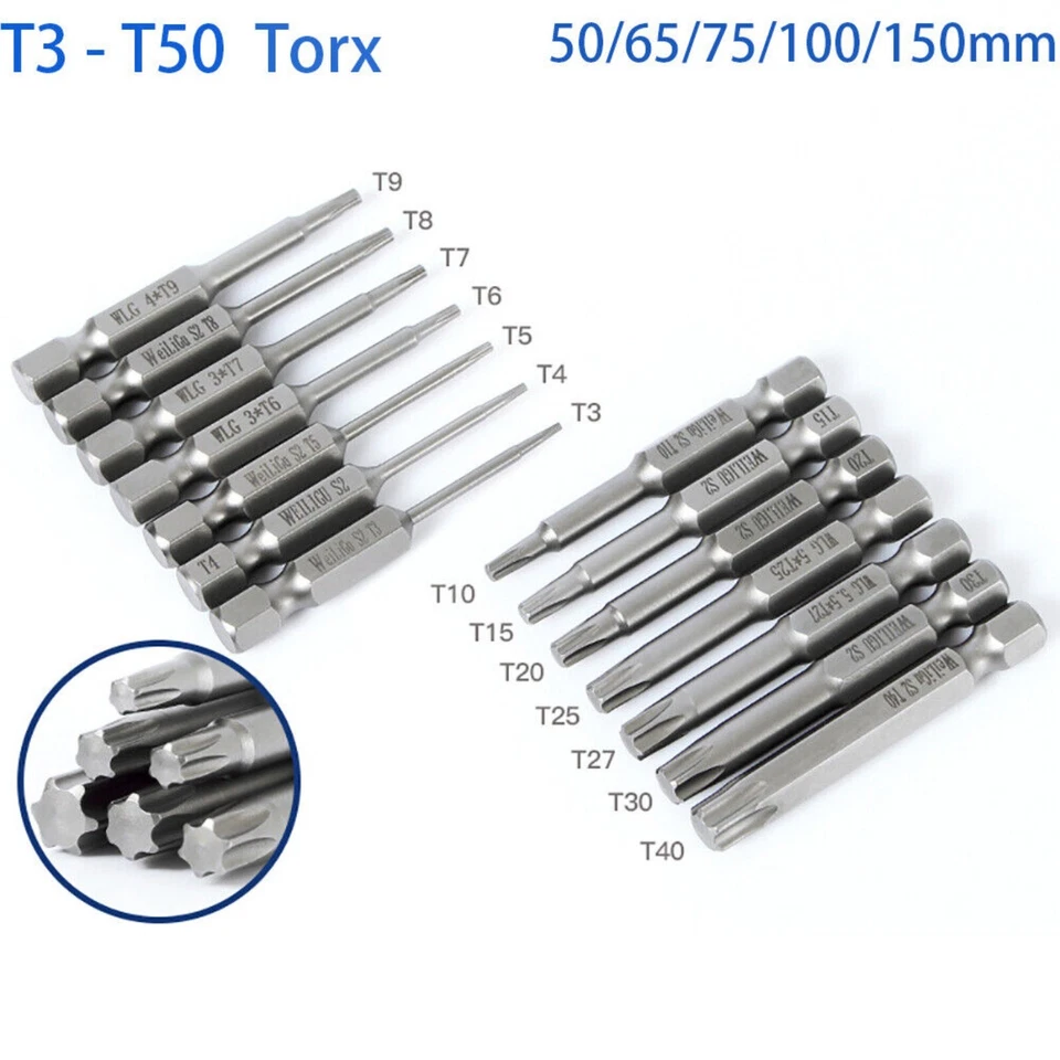 Extra Long Torx Bits Magnetic Torx Screwdriver Bit Set 1/4" Hex Shank T3 T4 -T50 - Image 1 of 4