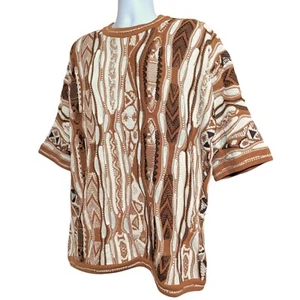 VTG Men's Sweater Large 3D Knit Abstract Streetwear Coogi Style Loose Brown NEW - Picture 1 of 4