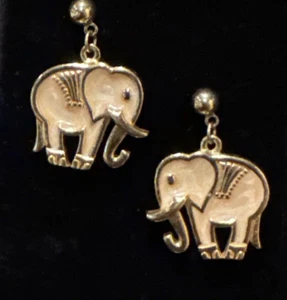 Avon Lucky Elephant Earrings Pierced Tan Pink Enamel  Dangle Drop - Picture 1 of 9