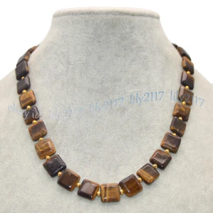 Fine 12mm Natural Yellow Tiger's Eye Flat Square Gemstone Beads Necklace 14-36'' - Picture 1 of 18