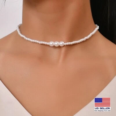 Elegant Women Vintage Pearls Necklace White Faux Pearl Fashion Choker Gift 1420 - Image 1 of 3