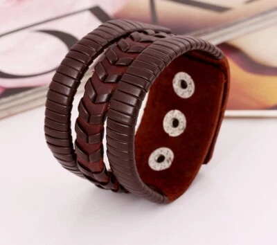 Men/ Women Cowboy Braided Genuine Leather Wristband/ Leather Bracelet 6.5"-7.75" - Imagem 1 de 4