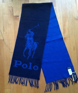 Polo Ralph Lauren Mens Blue Merino Italy Wool Scarf Polo Pony Graphic 10x70 NWT - Picture 1 of 12