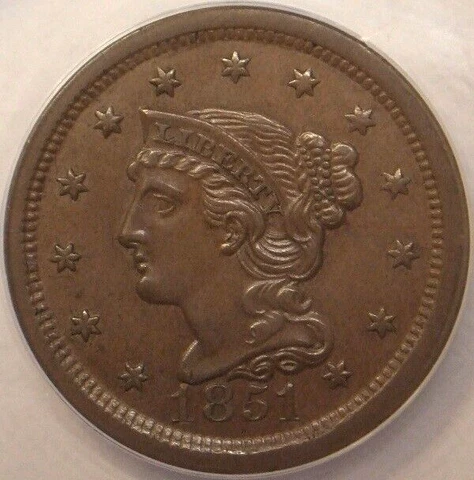 1851 BRAIDED HAIR LARGE CENT, N-24, EXCEPTIONAL CONDITION, ANACS GRADED AU 55 Cover