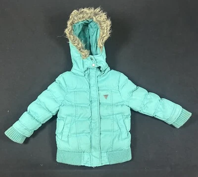 Guess  girl’s turquoise down jacket with faux fur hood Small - Image 1 of 4