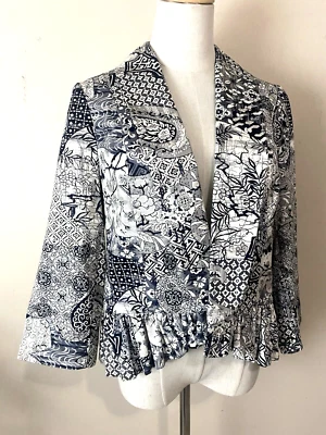 Chaqueta 3 SISTERS Negro Blanco Estampado Mixto Peplum Volantes 3/4 Slv Frente Abierto P M Foto 1 de 4