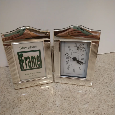 Sheridan VTG Non Tarnish Silver Plated Analog Alarm Clock W/ 3"X4" Picture Frame Cover