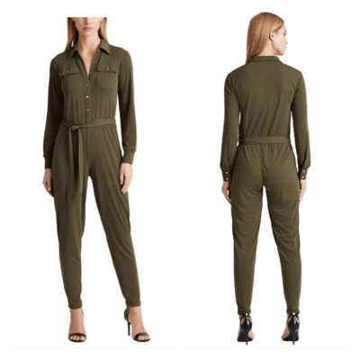 Lauren Ralph Lauren utilitarian buttoned jersey dark sage jumpsuit M - Image 1 of 4