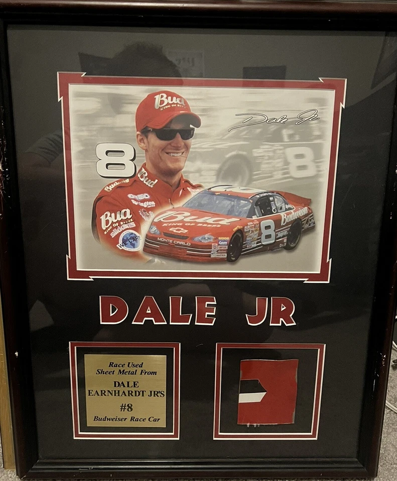 Dale JR  8x10 Budweiser & Race Used sheet Metal With COA With 18x22 Frame - Image 1 of 2