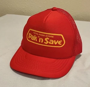 Cappello camionista Pak N Save drogheria negozio mercato vintage maglia rossa regolabile anni 80 - Foto 1 di 3