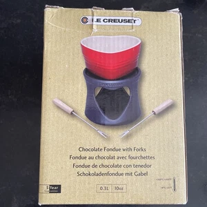 LE CREUSET~4pc Petite Red Heart Ceramic FONDUE POT & Stand + 2 forks-~charming! - Picture 1 of 5