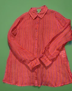 Nicole Miller 100% Linen Medium Pink/Orange Striped Button Down Long Sleeve Top - Picture 1 of 23