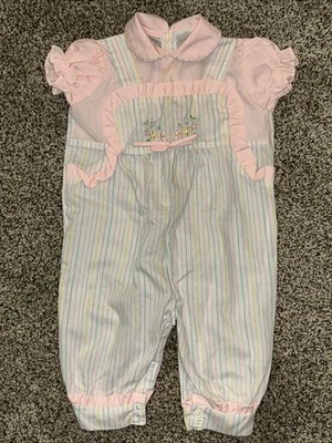 VTG Cradle RomperEmbroidered Flowers Striped Ruffled Bubble Romper 3-6 Months? - Image 1 of 4