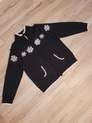 Zippered Cardigan Snowflake Design Ladies Size XL Black, White, Cotton, Angora - Image 1 of 4