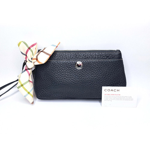 Coach Pochette Pelle Ciottolata Polso Nero Fiocco con Scheda Cura Originale